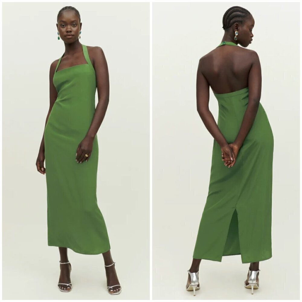 💕REFORMATION💕 Alli Silk-charmeuse Halterneck Midi Dress ~ Palm Green 12 NWT